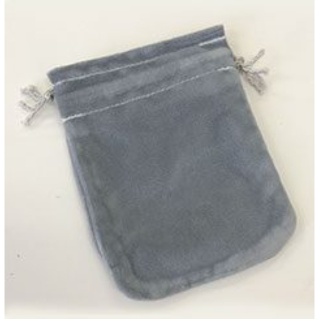 A gray bag with two small silver strings.