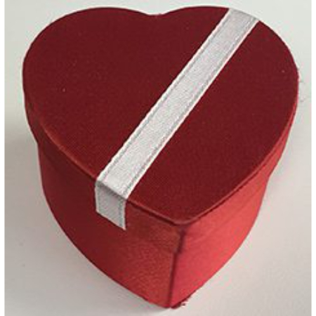 A red heart shaped box with white stripe on the top.