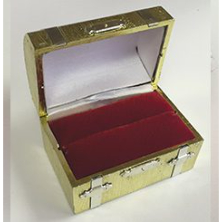 A gold suitcase with two red velvet boxes inside.