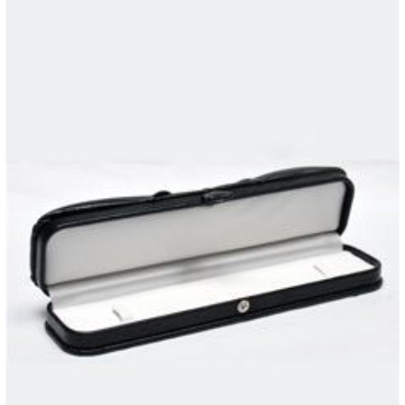 A black case with two white plates inside of it.