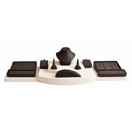 A desk set with black and white accessories.