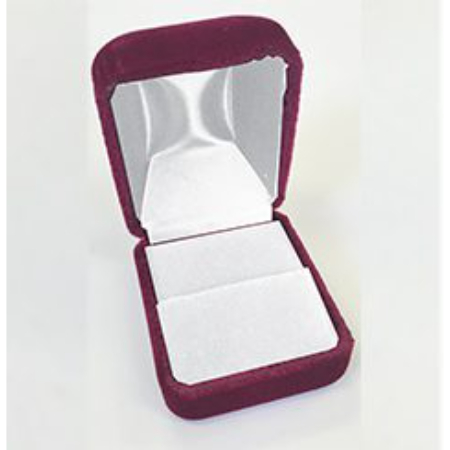 A red velvet ring box with white lining.