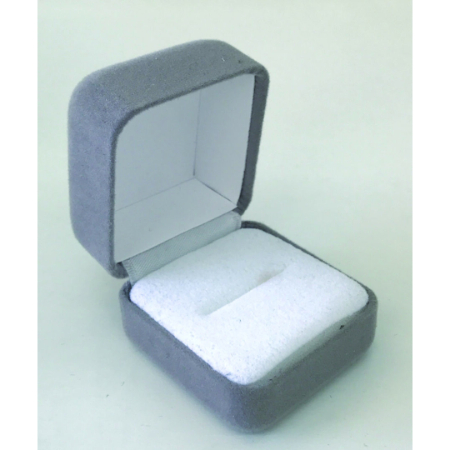 A gray velvet ring box with white lining.