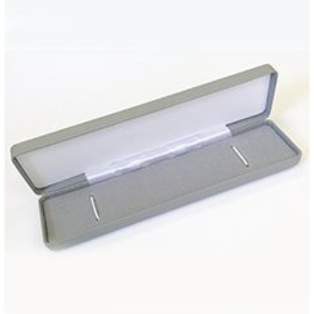 A silver box with a white lid and a clear plastic cover.