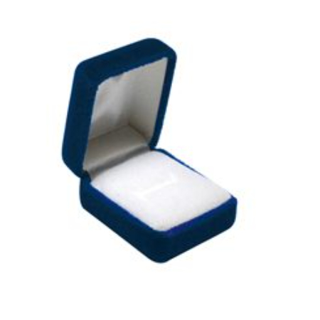 A blue velvet ring box with white interior.