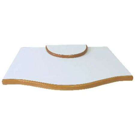 A white table with a wooden edge on top.