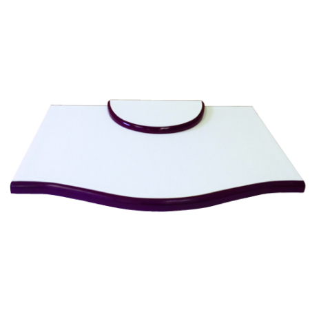 A white and purple tray sitting on top of a table.