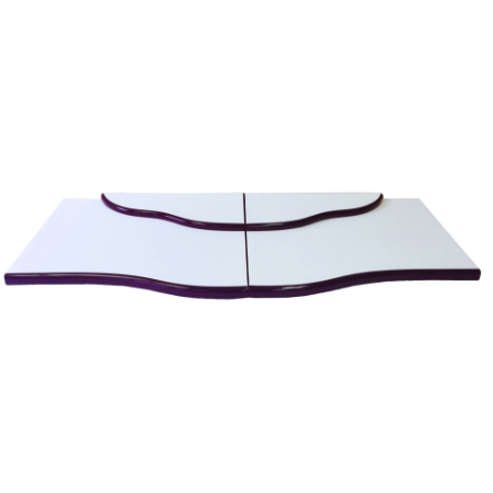 A white table with purple trim and two black edges.